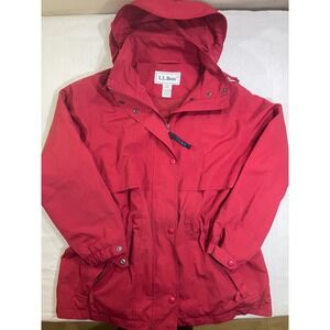 LL Bean Womens Petite Sz S Red Hooded Rain Jacket Parka OX736 Vented Mesh Lining